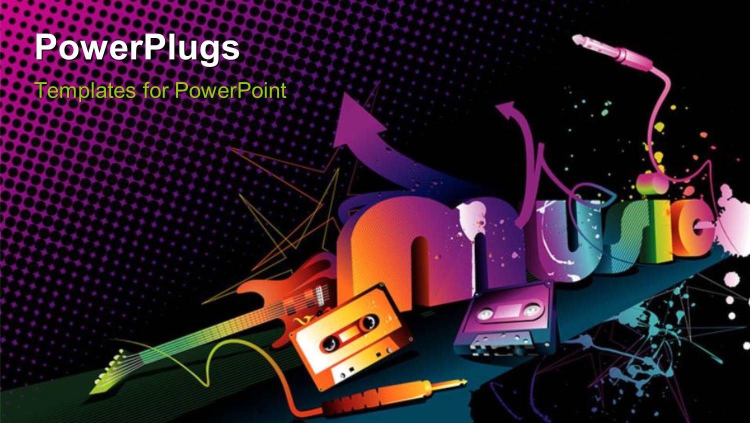 Colorful Funky Abstract Background with Guitar, Cassette and 3D Music Text