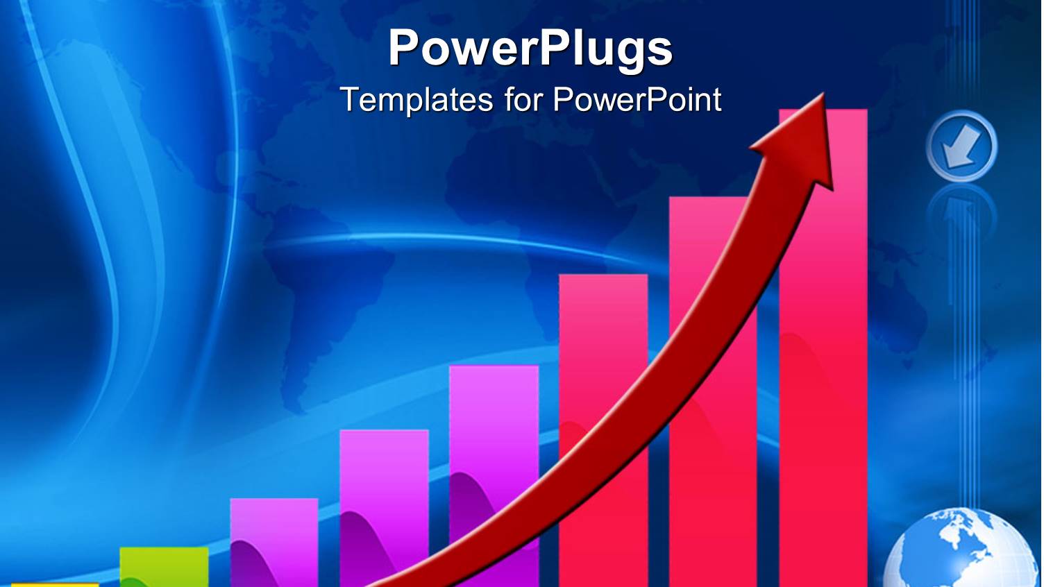 Colorful Graphic Chart with Rising Red Arrow and Globe World Map on Blue Background