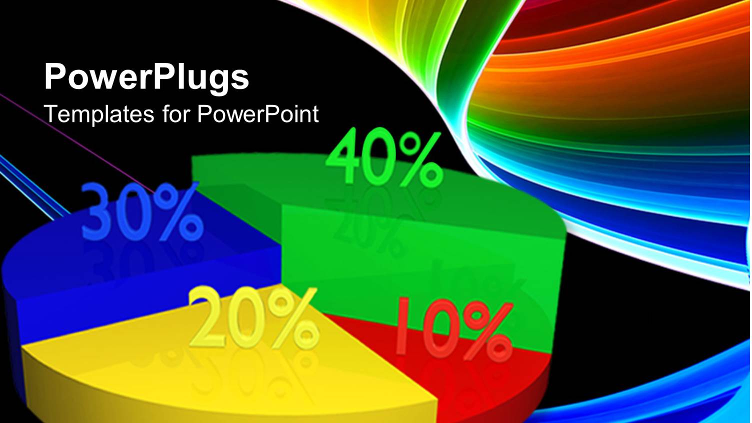 Colorful Green, Red, Yellow, Blue Pie Chart with Percentage on Black Background with Rainbow Colored Waves
