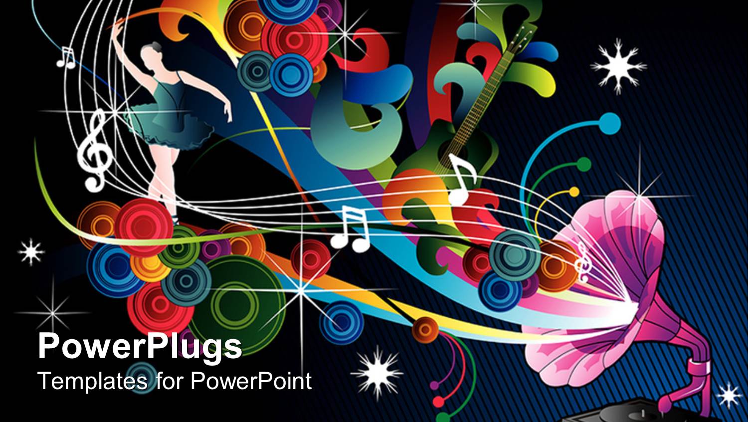 Colorful Music Notes and Pink Old Record Player in Blue Background