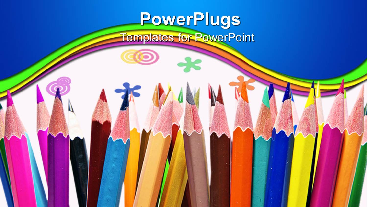 Colorful Pencils and Colored Circles and Flowers on White Background