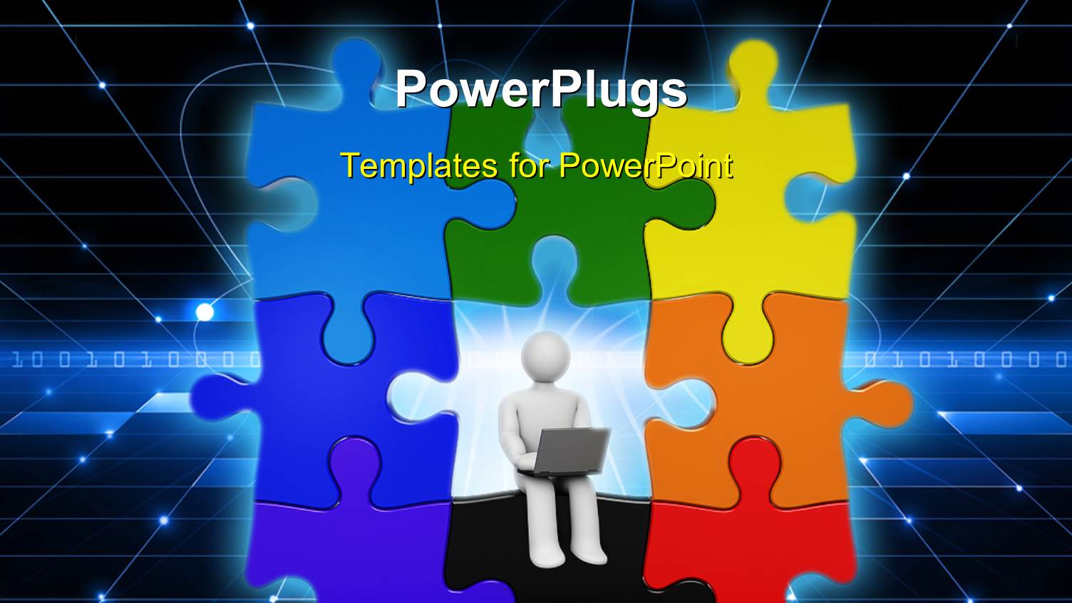Colorful Puzzle with Figure Working on Laptop in Dark Background