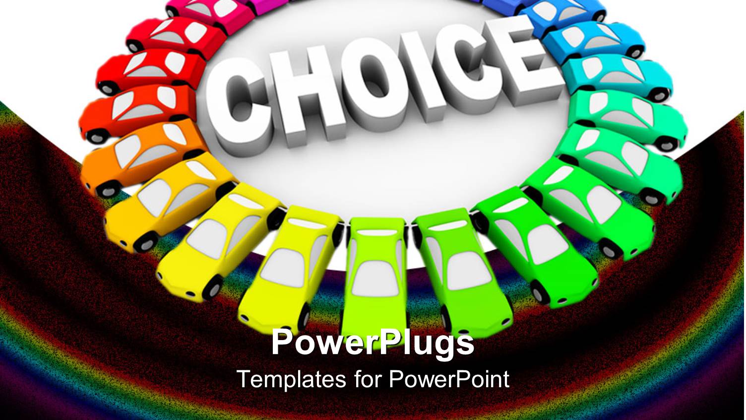 Colorful Rainbow Colored Cars Forming a Circle Around 3D White Word Choice