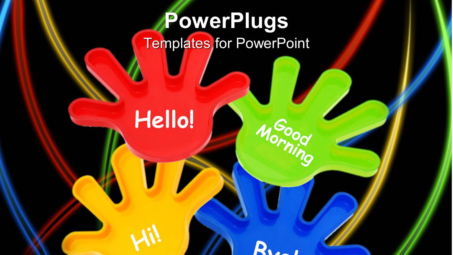 Colorful Toy Hands Waving on Black Background with Colorful Lines