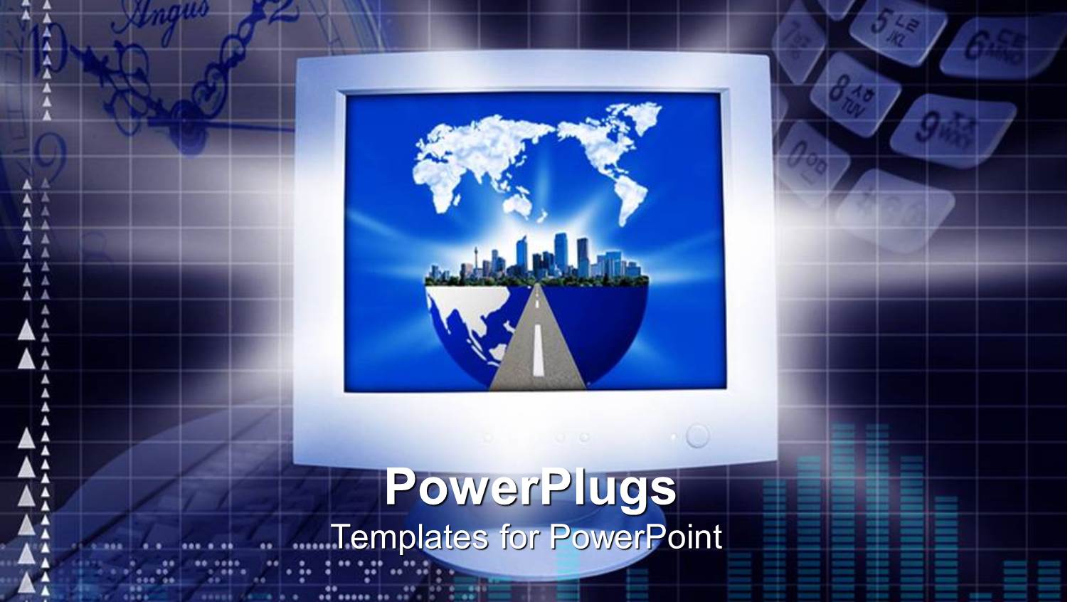 Computer Monitor Depicting Half of the Earth with the Map on Top of it on Background with Clock and Cell Phone Keyboard