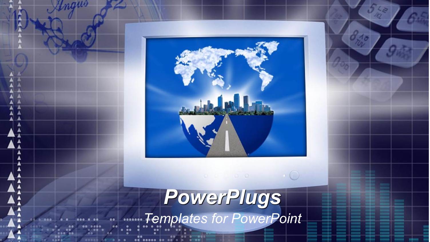 Computer Monitor Showing Business Buildings and Globe Depicting E-Business 
