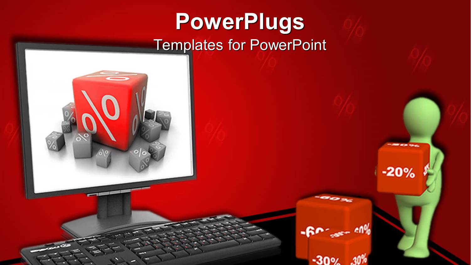 Computer Screen Showing large Cube with Percent Symbol and 3d Man Carrying Cubes