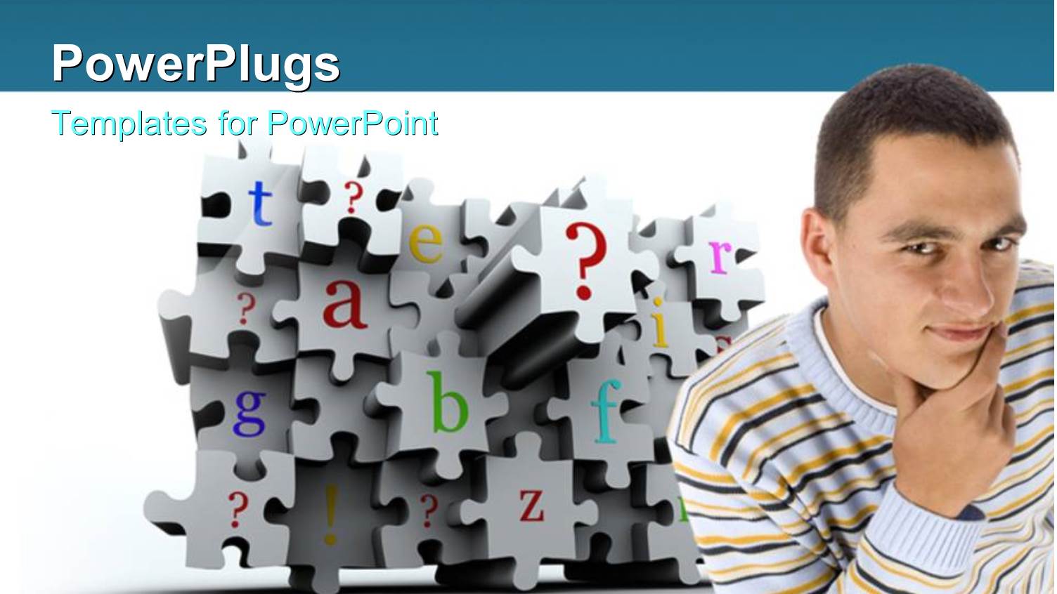 Conceptual Puzzle Wall with Letters on Face with Man in Front Thinking and White Color