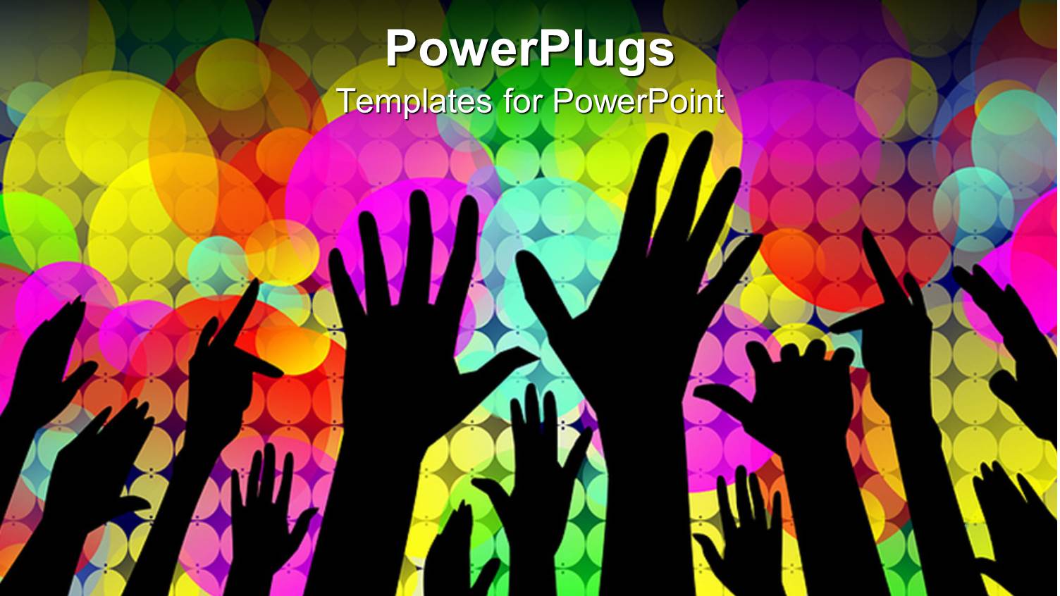 Concert Party Theme with Silhouettes of Hands and Rainbow Color Bubble Background
