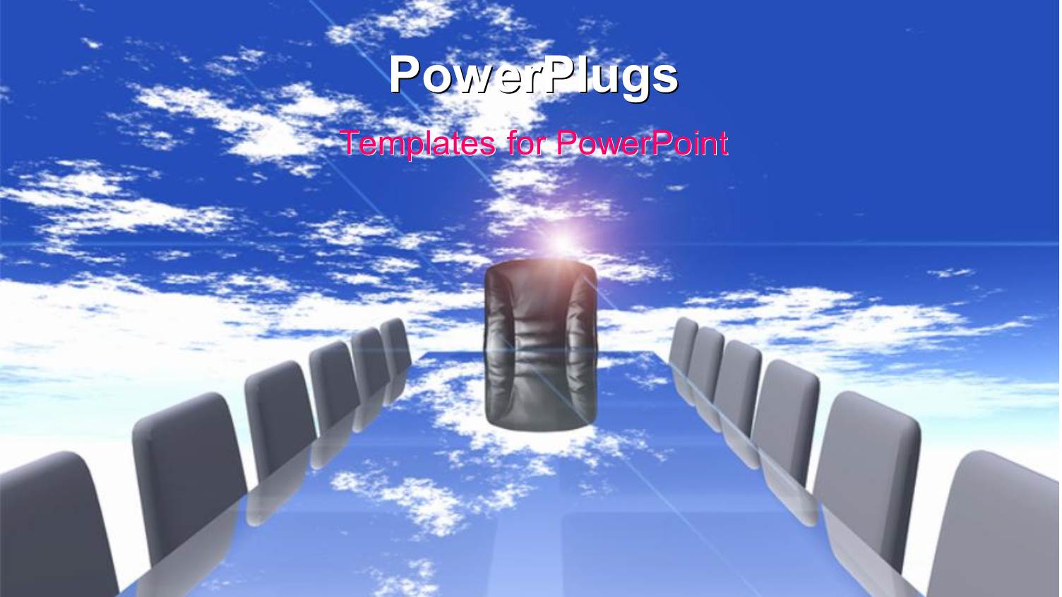Conference Table with Empty Chairs Over Blue Cloudy Sky