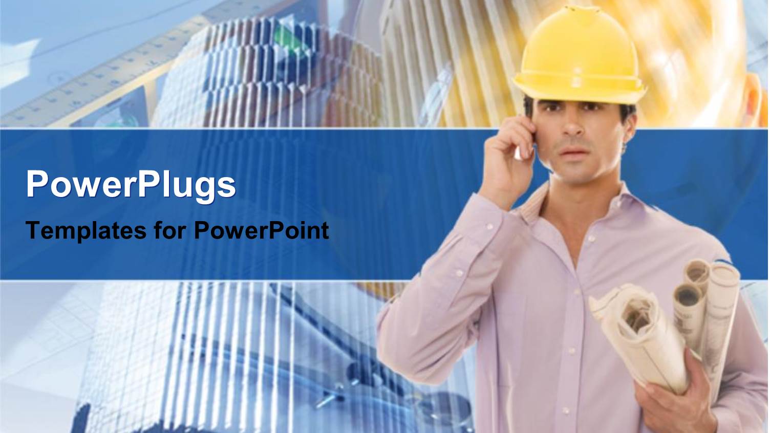 Construction Engineer with Yellow Hard Head and Blueprint Papers in One Hand and Telephone in other Hand Speaking on