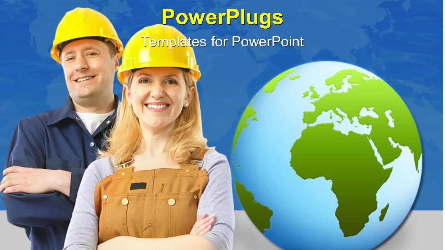 Construction Engineers Wearing Protective Helmets with World Map in Background