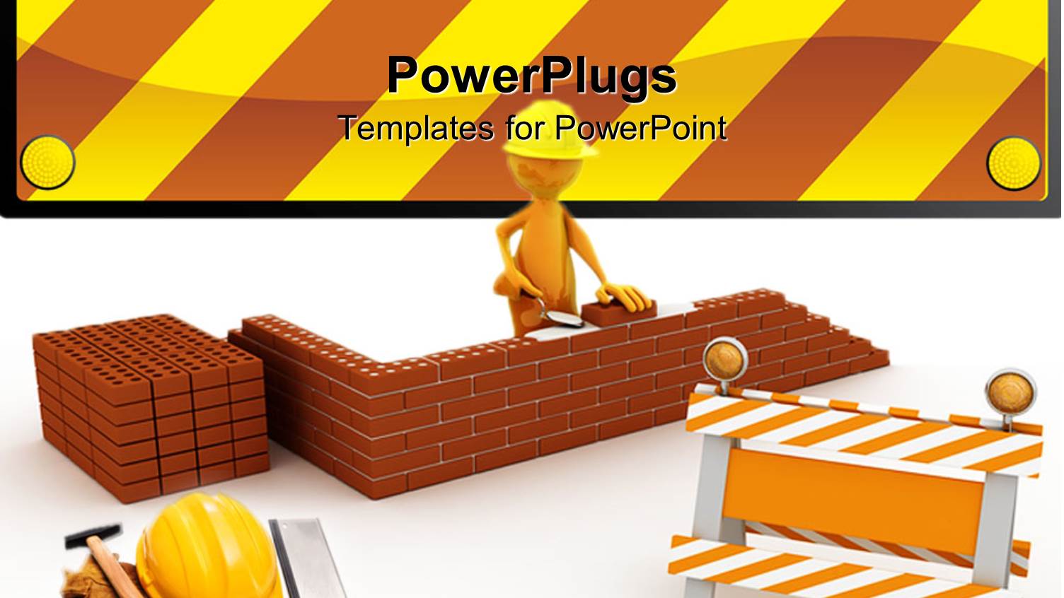 Construction Worker Building Wall, Hard Hat, Sledge Hammer, Gloves, Tools