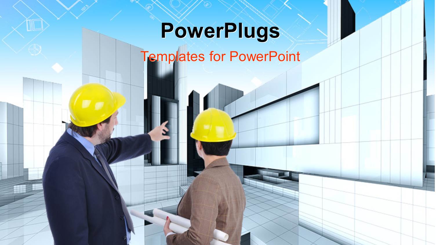 a Construction Worker Telling the other One what to do with Buildings in the Background