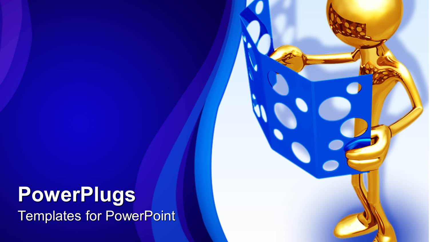 Contemplative Gold Figure Looking at Blue Folder with Circles Cut Out on White Background