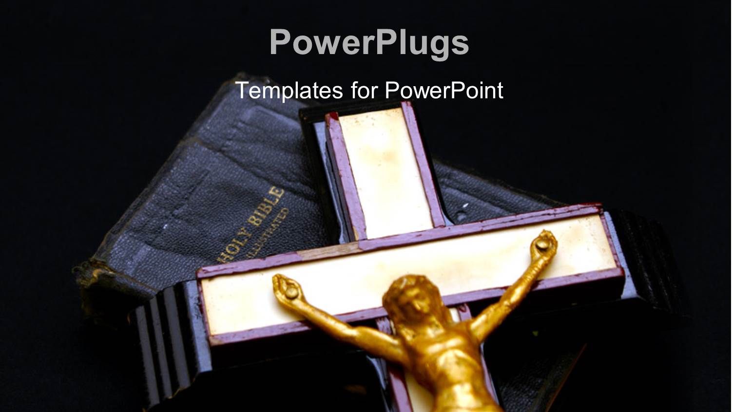 Cross with Gold Jesus on Holy Bible Over Black Background