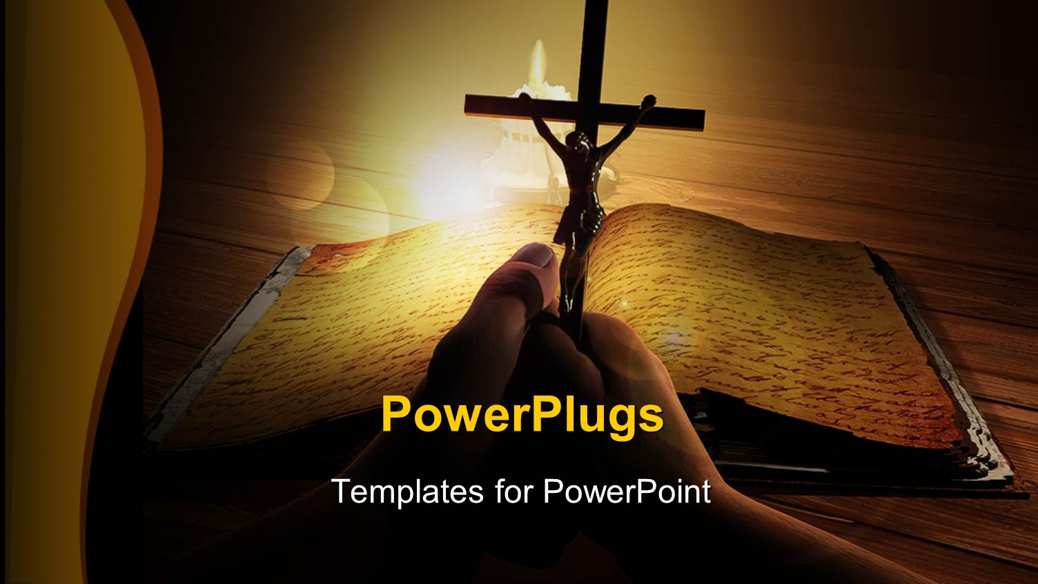 Religious Depiction with Crucifix Over Old Religious Book on Wooden Table