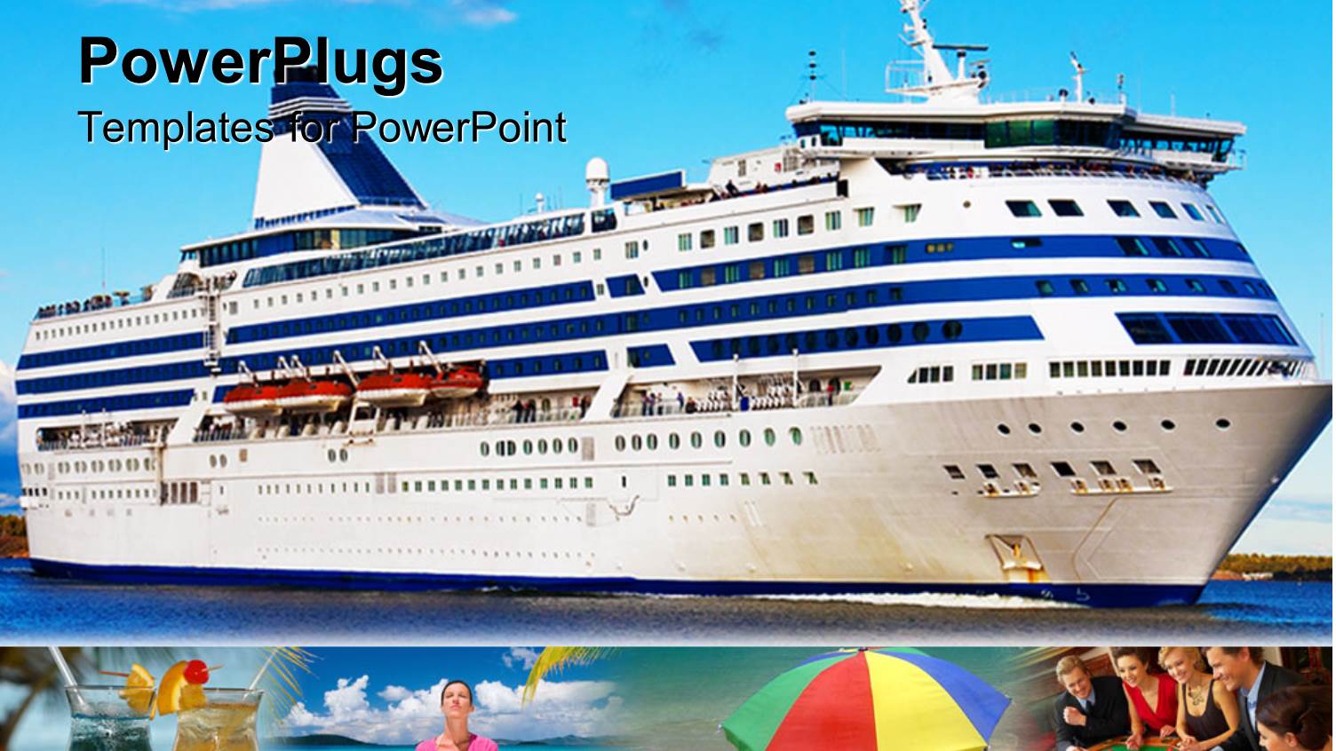 Cruise Ship Above Cocktail Glasses, Meditating Woman, Beach Umbrella, Casino