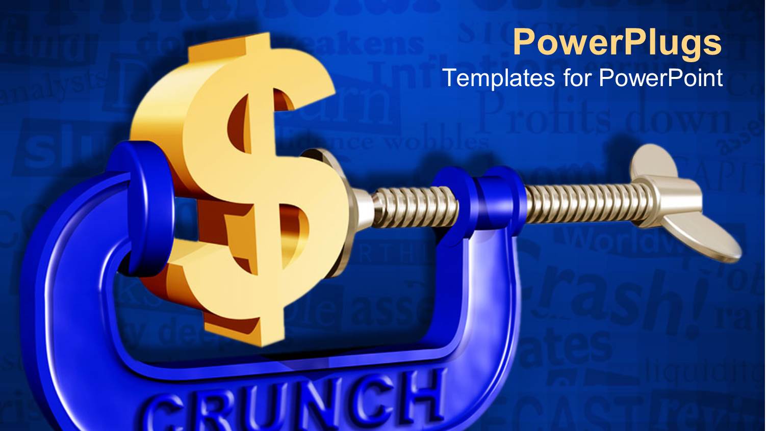 Crunch Clamp Squeezing 3D Golden Dollar Sign on Background with Words Related to Financial Situation, Forecast, Crash