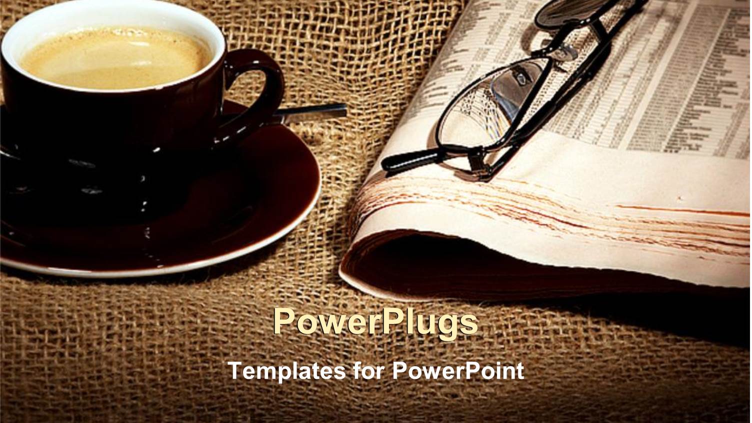 Cup of Coffee on Saucer and Newspaper with Eyeglasses on Rustic Tablecloth