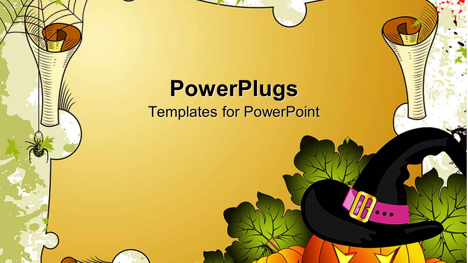 Curved Pumpkins Wearing Wizard Hat Next to Old Scroll with Spider and Web