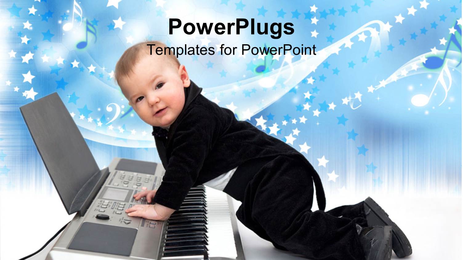 Cute Baby Boy Dressed in Black Tuxedo Playing a Piano