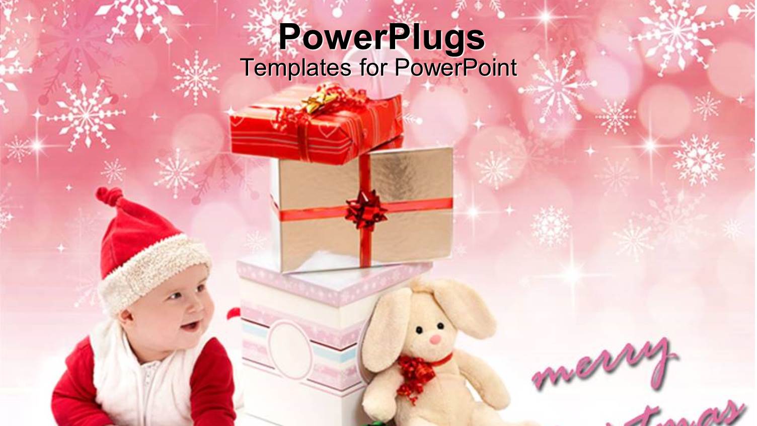 Cute Baby in Santa Clause Outfit Smiling with Gift Bags