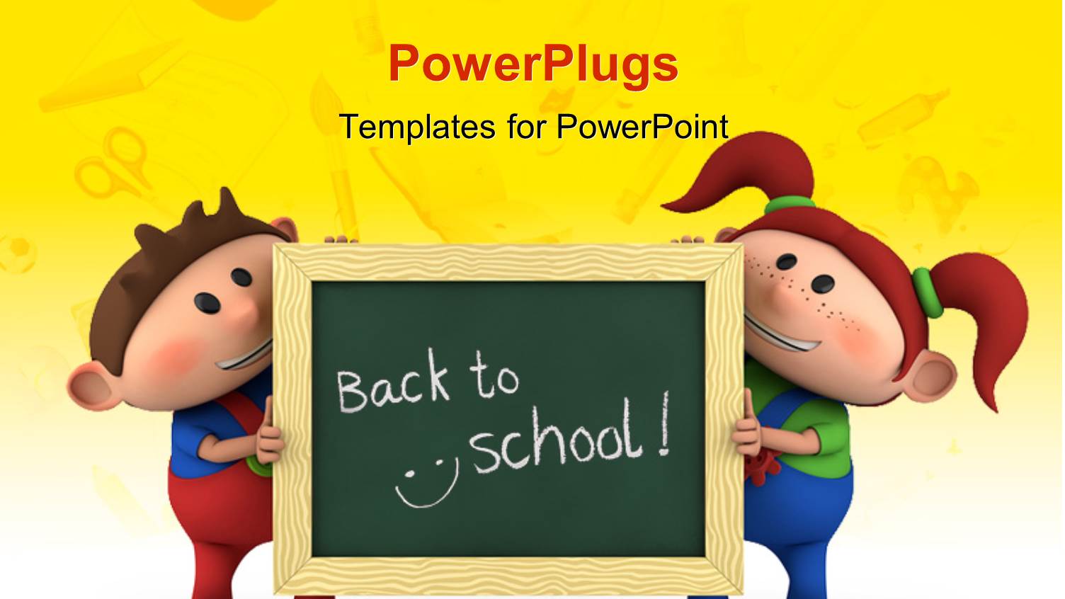 Cute Cartoon Boy and Girl with Holding Chalkboard with 'Back to School' Written and School Items Overlayed on Yellow
