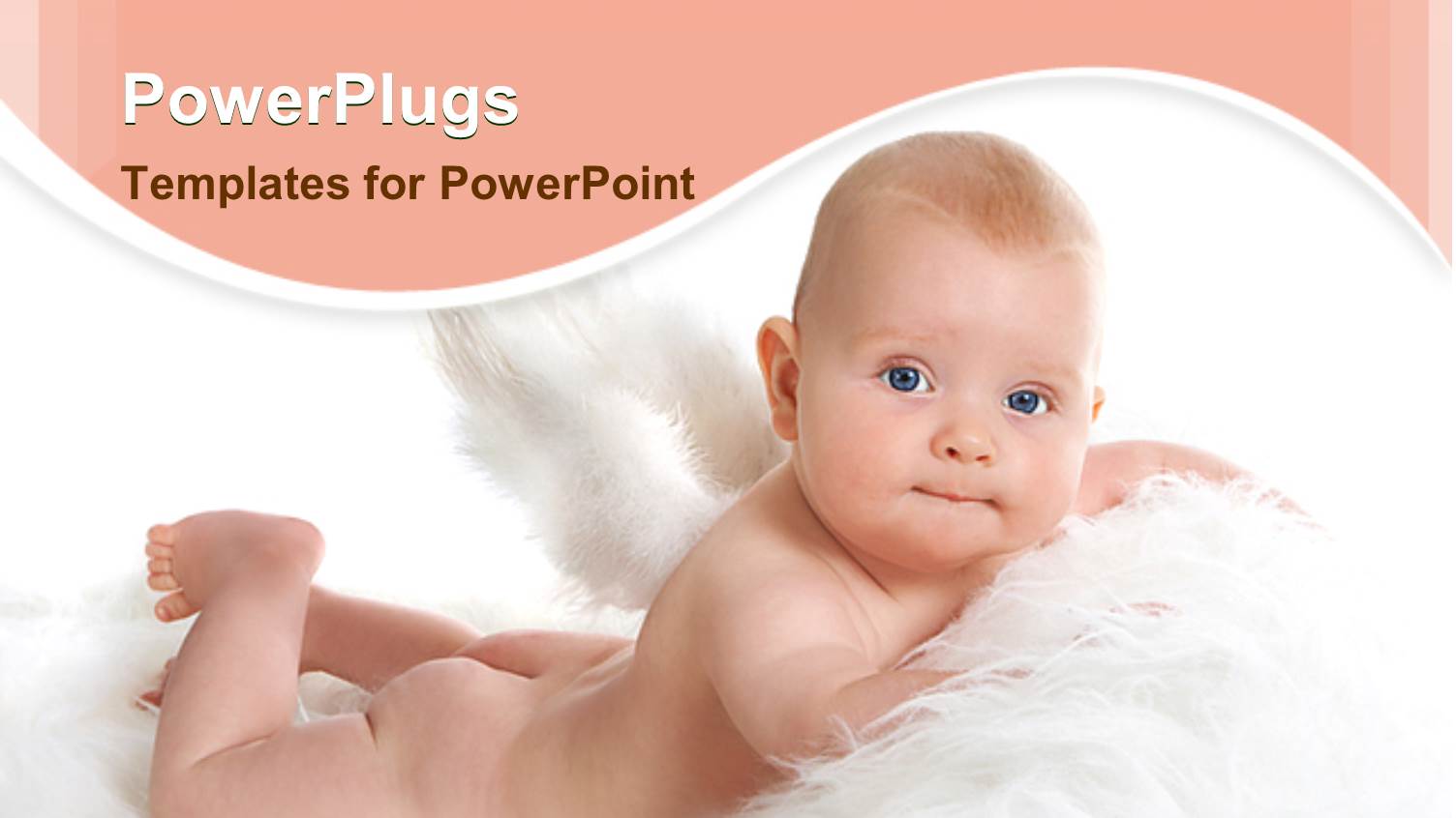 Cute Naked Baby Laying on Feathers, Angel, Peach Wave Border