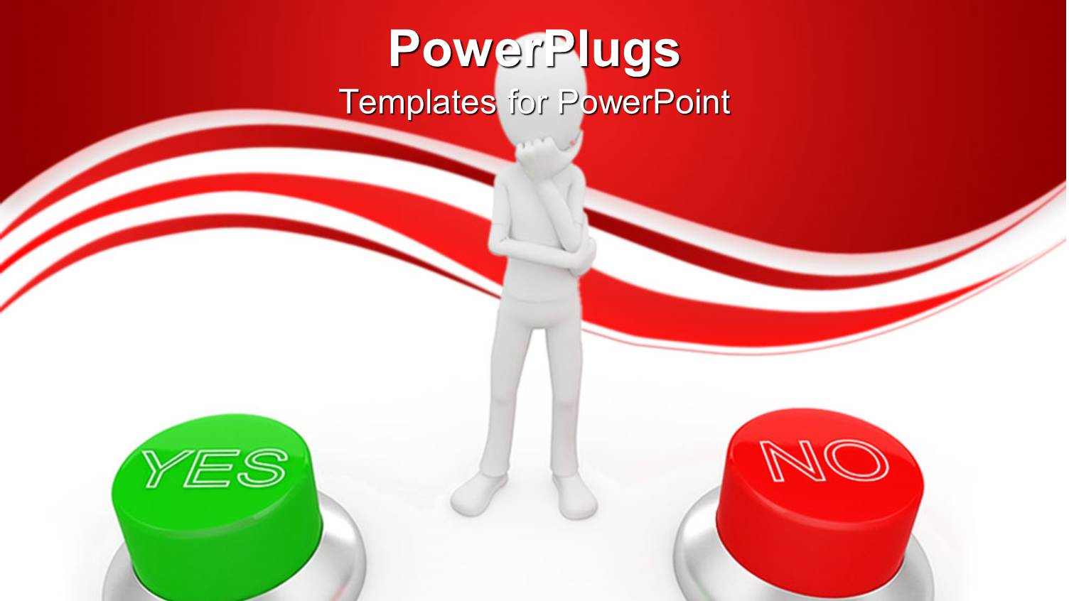 Decision Making Metaphor with White 3D Man Thinking about Green Yes and Red no Buttons