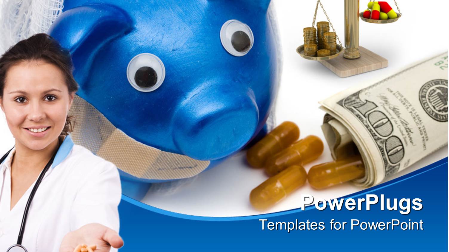 Deep Blue Piggy Bank with Rolled Up Dollar Bills and a Female Doctor