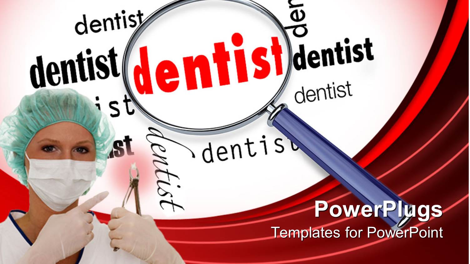 Dentist Holding Dental Tool Next to Magnifying Glass Over Word Dentist
