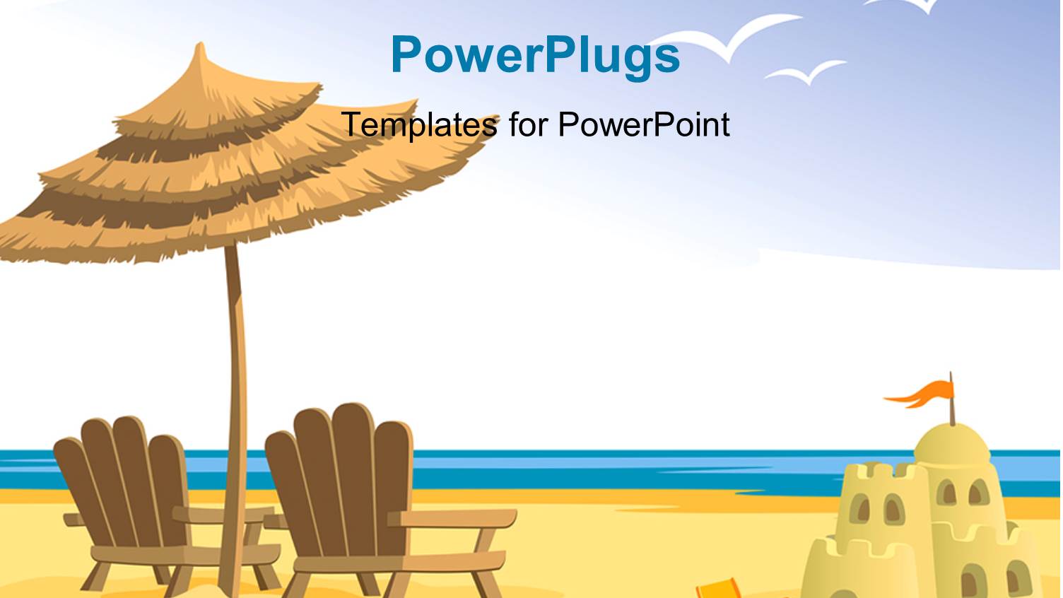 Depiction of Beach with Chairs and Sandcastle with Flag