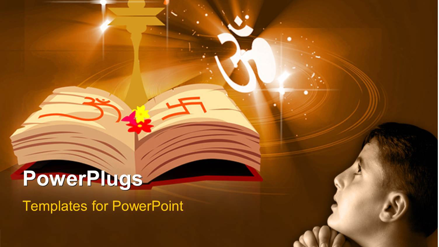 Depiction of Holy Book and Symbols with Young Man Praying 