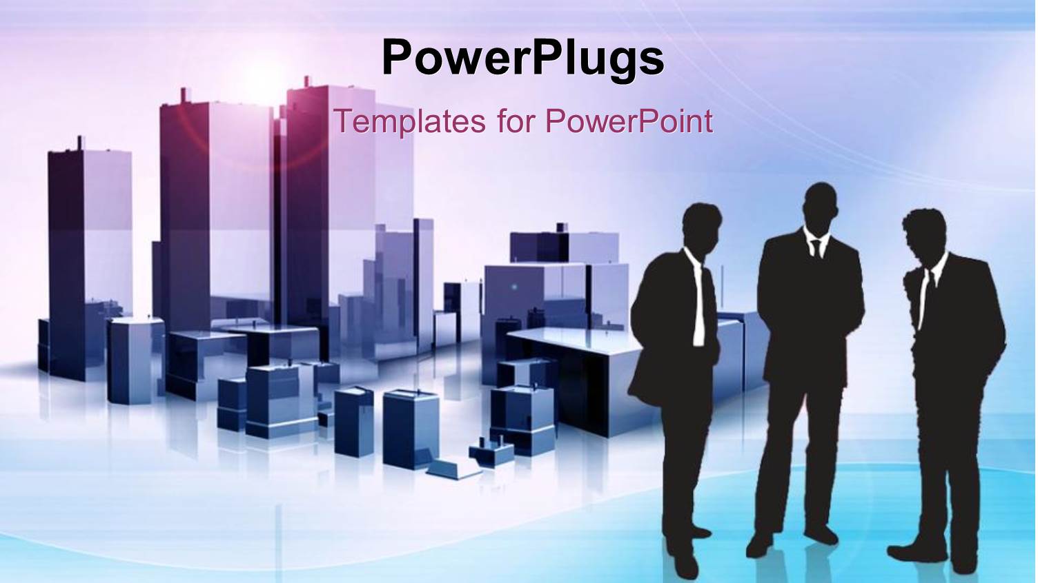 Depiction of Mega Structures with Three Men Over Blue Background 