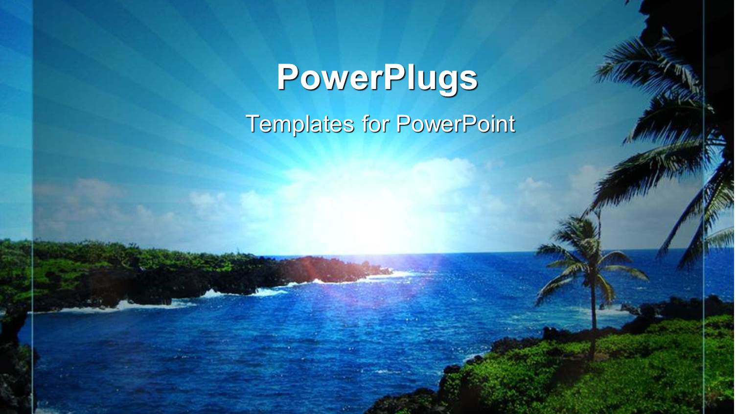 Depiction of Sea Water and Beautiful Island with Palm Trees and Clear Sky with Focus on Sun Rays