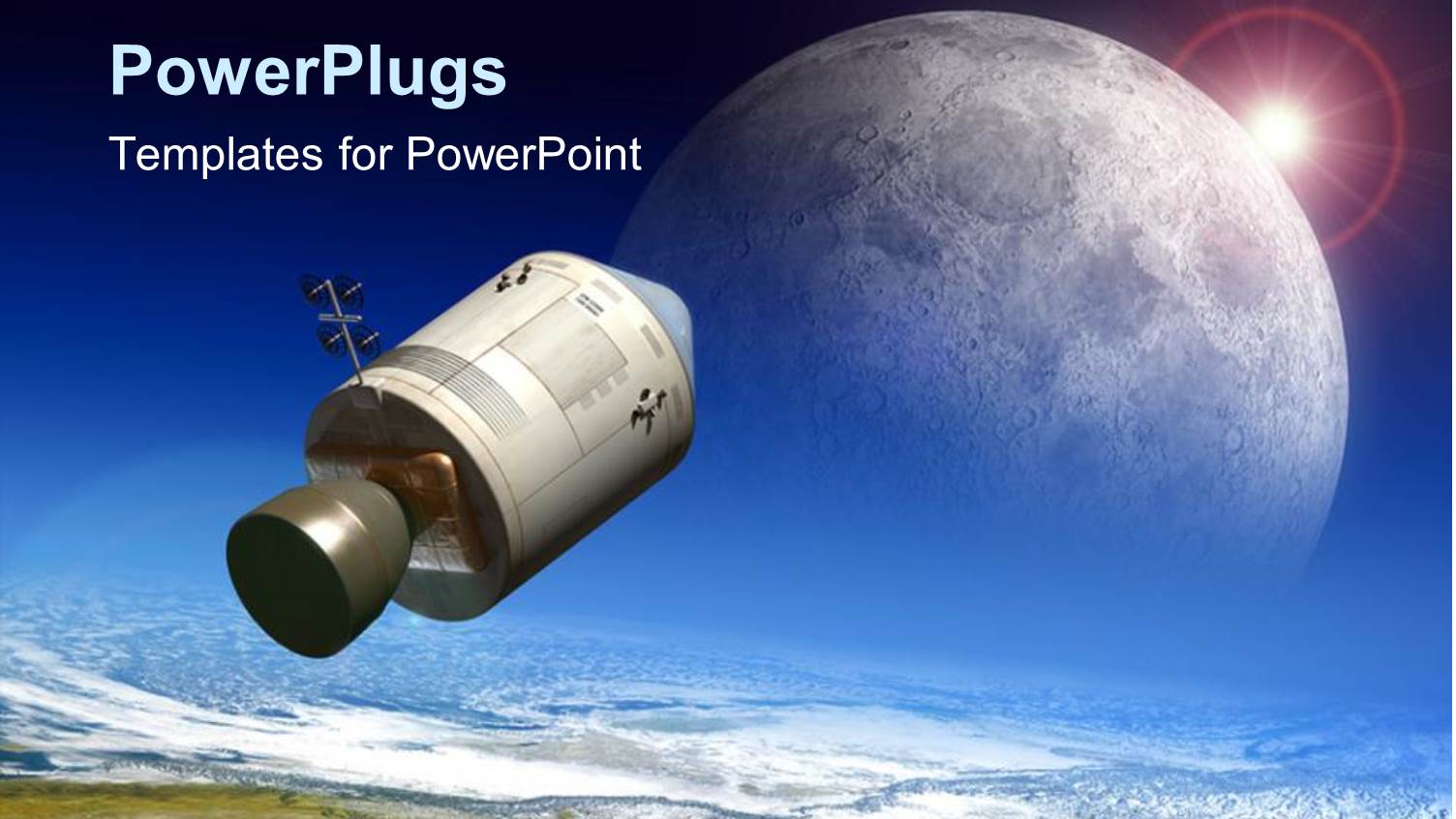 Depiction of Space Module Flying to the Moon with Depiction of Earth and Blue Sky Background