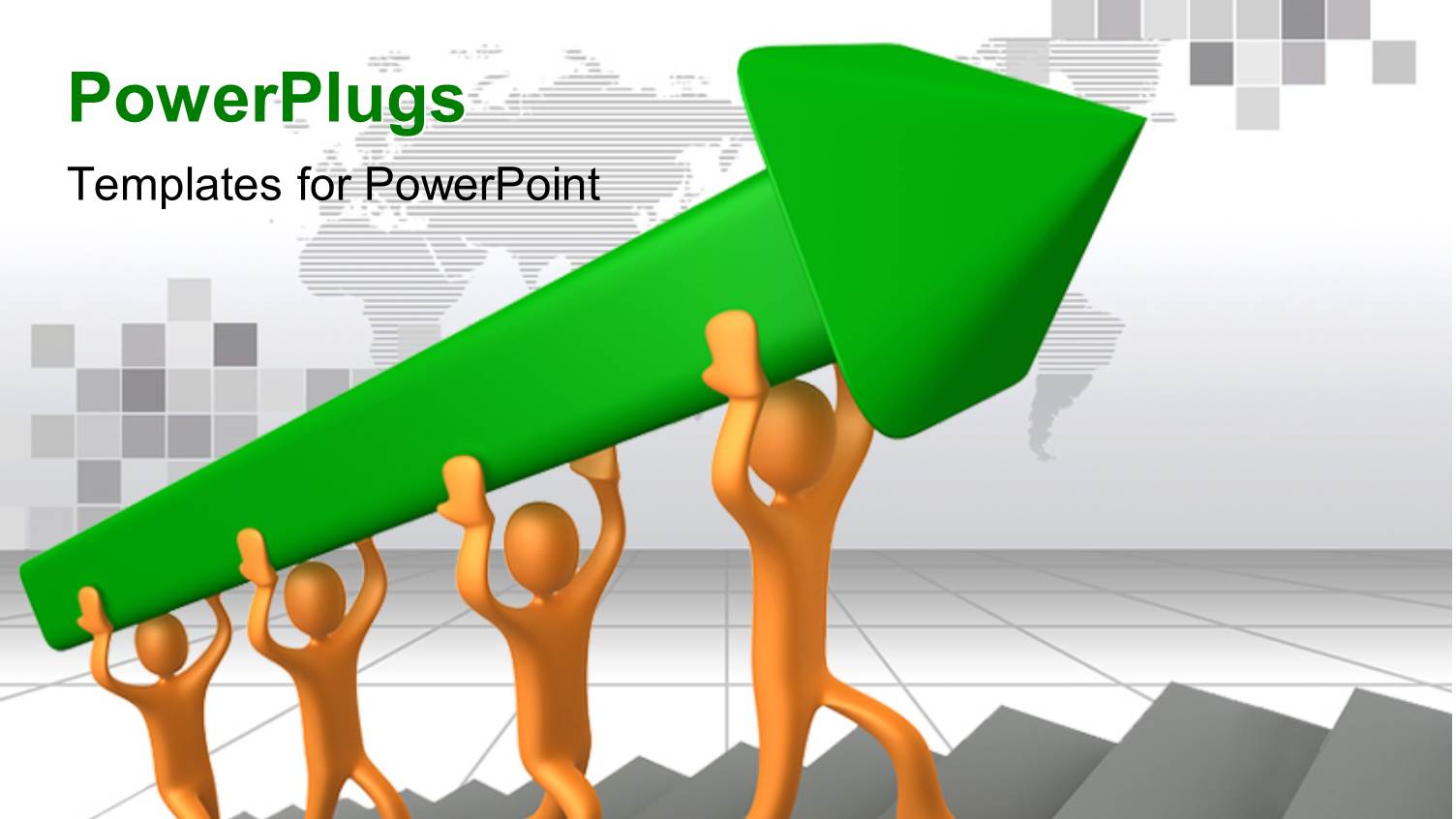 Depiction of Teamwork as Four Men Climbing Stairs Carry large Green Arrow