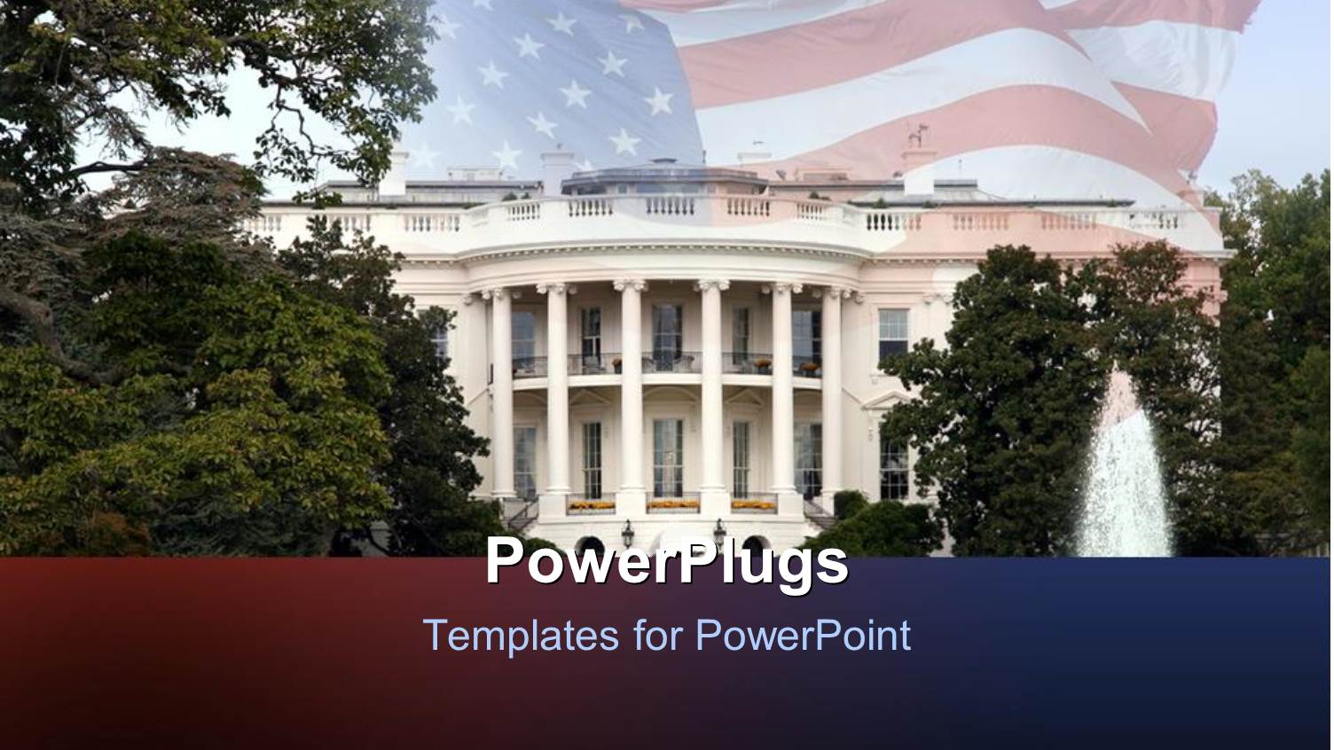 Depiction of White House with Trees and Fountain and United States Flag Waving Fading in the Background