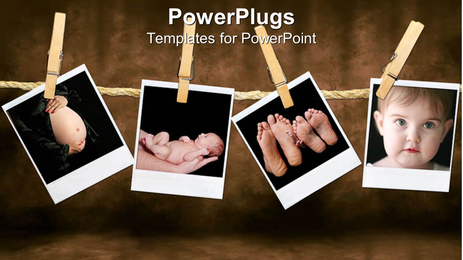 Depictions of Pregnant Woman Belly, Newborn Held on Hands, Family Feet and Infant Face Held by Wooden Clothespins on a