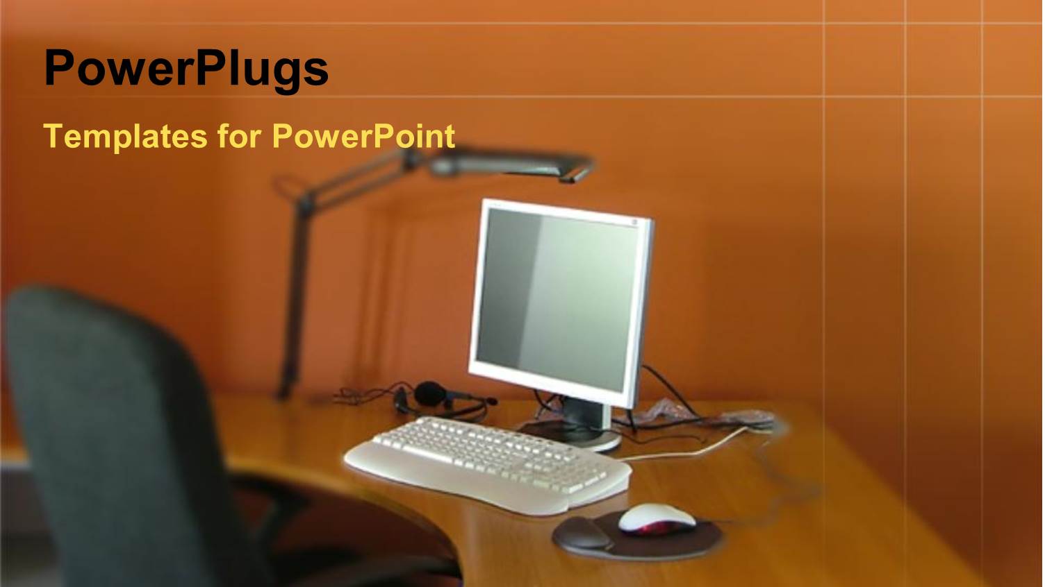 Desktop Computer on an Office Desk with a Chair and Lamp