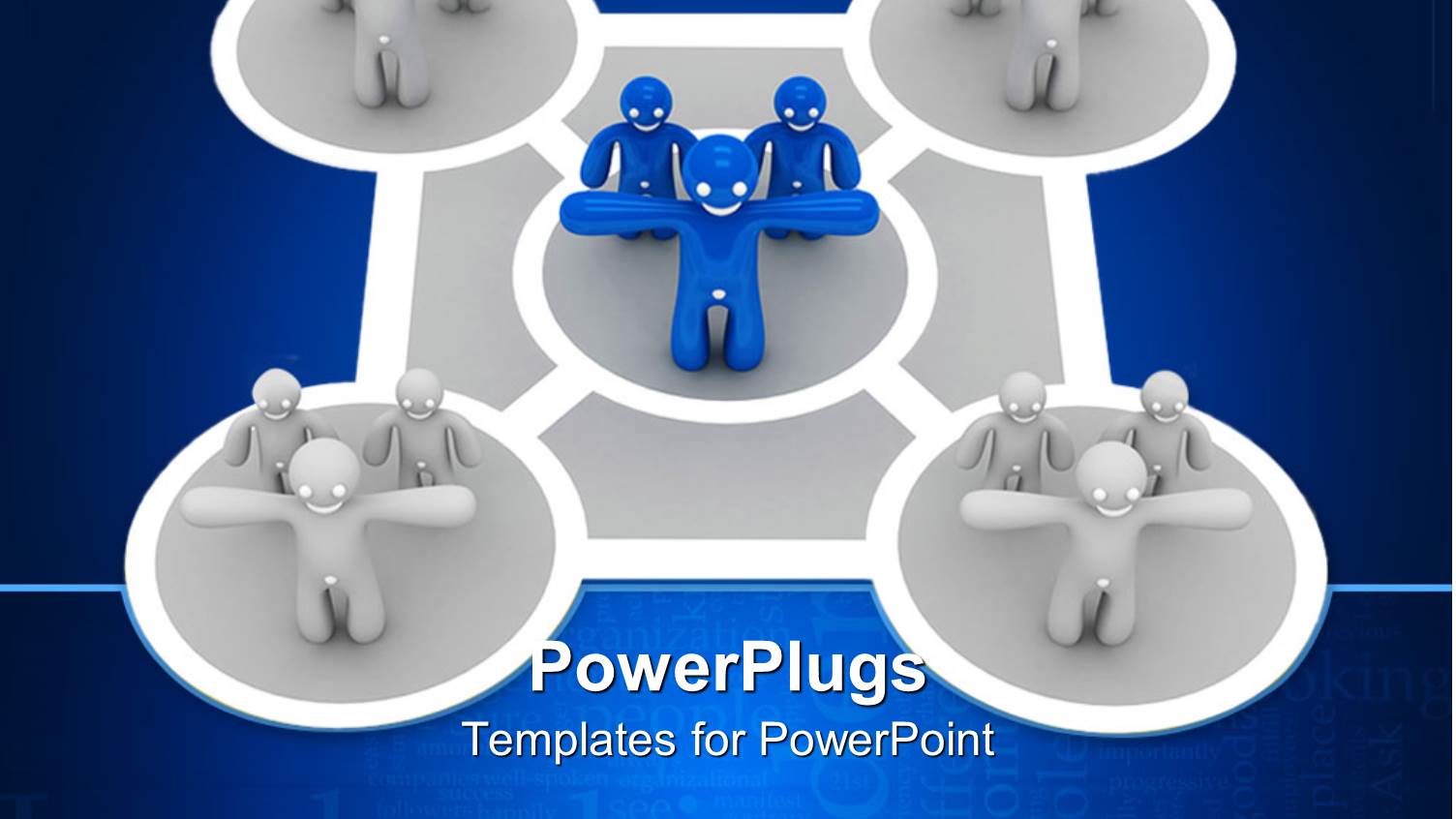 Diagram with Five Circles, Four Circles with Gray Figures and Middle Circle with Three Blue Figures
