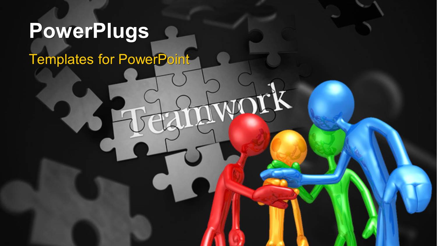 Different Colored Humanoids Placing Hand Over Hand with Jigsaw Puzzle and Teamwork Keyword in Background