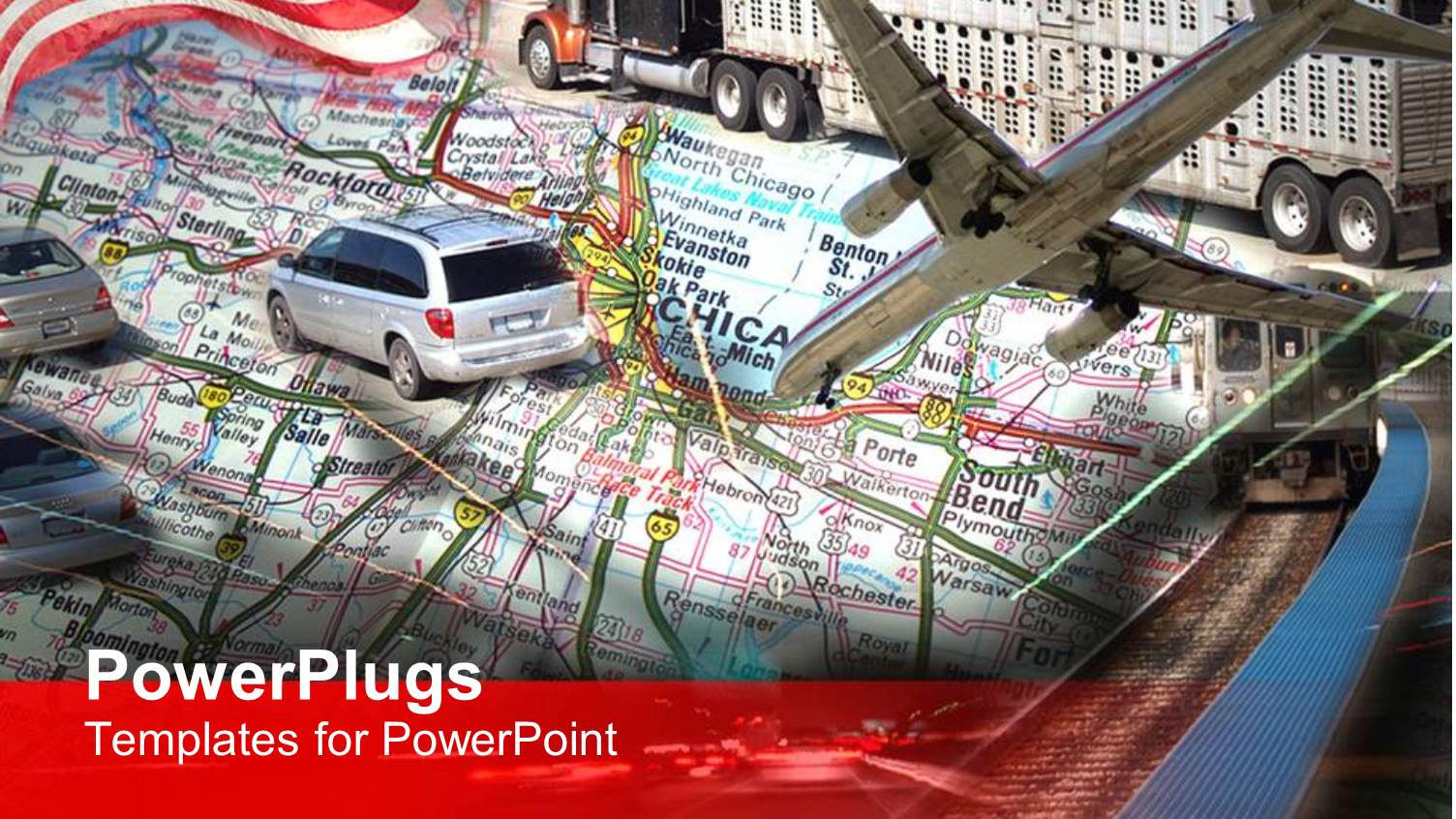 Different Means of Transport Under us Flag, on Top of Map