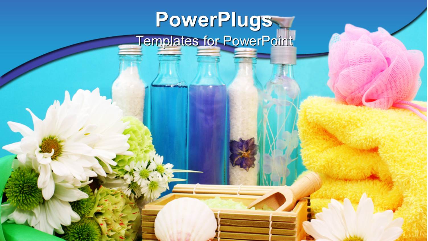 Different Spa Essentials Neatly Arranged on a Blue Background