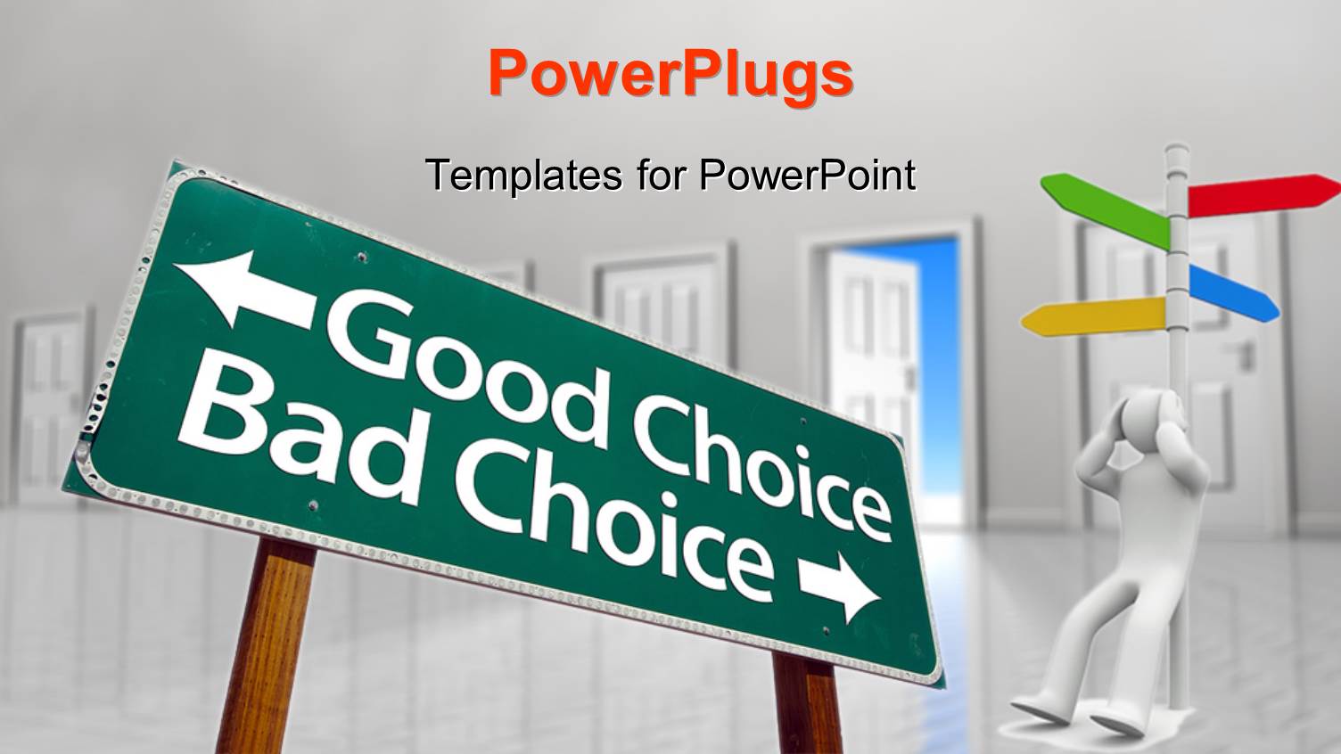 a Sign with a Number of Doors in the Background