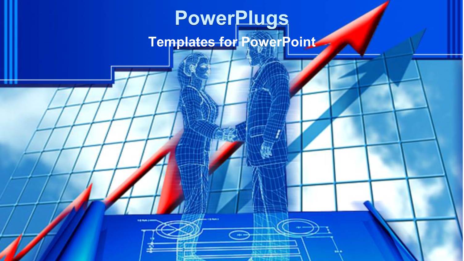 Digital Depiction of Business Man and Woman Shaking Hands Standing on Graphic Paper with Red Rising Arrow