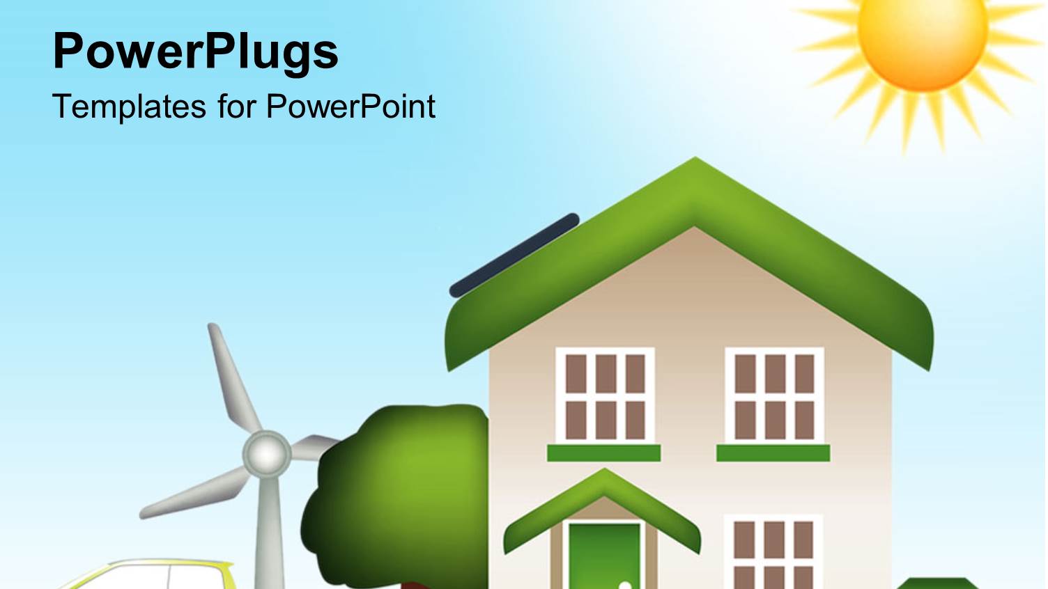 Digital Design of a House with Tree, Green Car, Windmill and Recycling Bin and Bag with Glowing Sun on Bright Sky