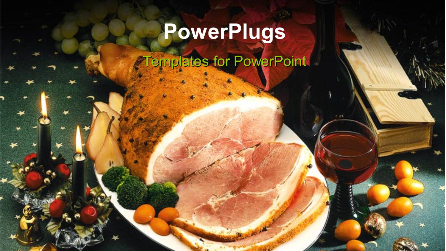 Dish of Roasted Meat for Christmas with Ornaments and Candles for Decoration 