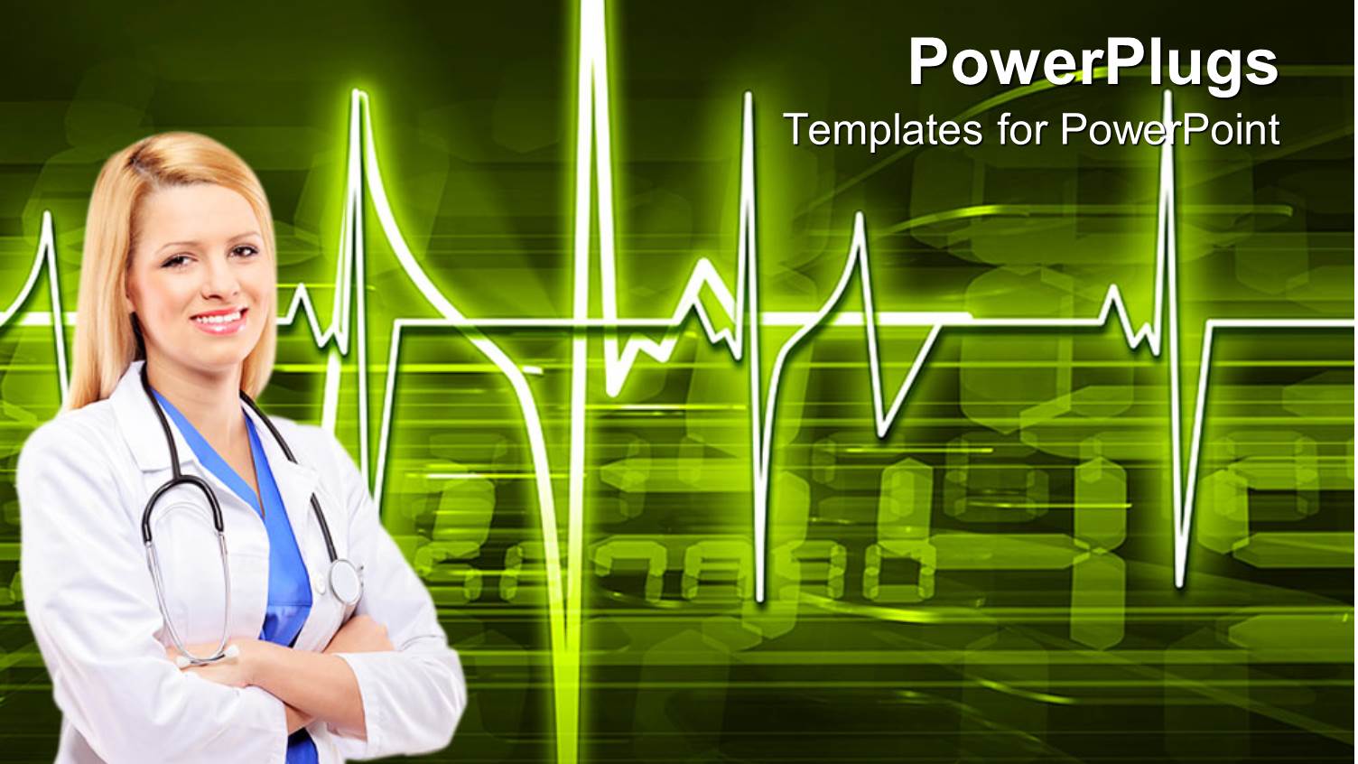 Doctor on Background of Glowing Heartbeat Pulse Over Steaming Digital Data